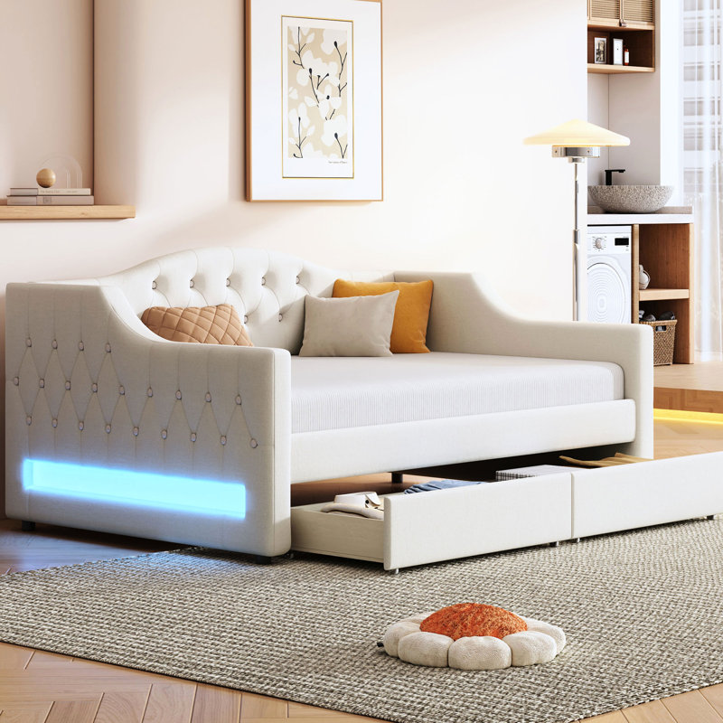 Beige Linen Upholstered Twin Xl Daybed With Led Lighting, 2 Drawers, And Wood Construction For Bedroom Upholstery, Belt, Support Mattress Longevity