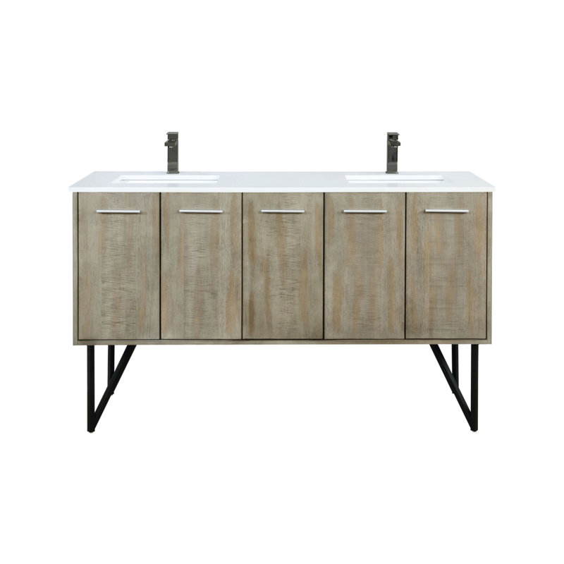 Meuble-lavabo double en acacia rustique 60 po X P 20 po D, dessus en marbre de culture et robinet en métal, Métal industriel