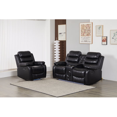 Faux Leather Manual Reclining Sofa Set with LED Lights – Two-Piece Home Theater Seating