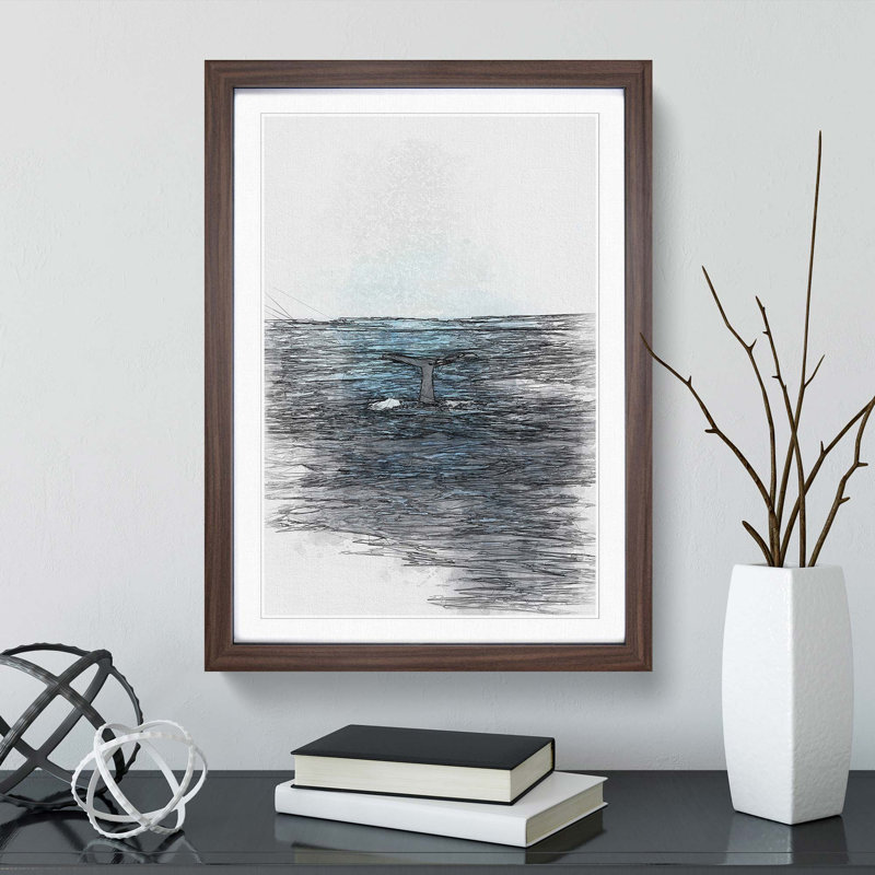 Blue Whale in Abstract - Picture Frame Drawing Print, 87cm H x 62cm W x 2cm D, Walnut Framed