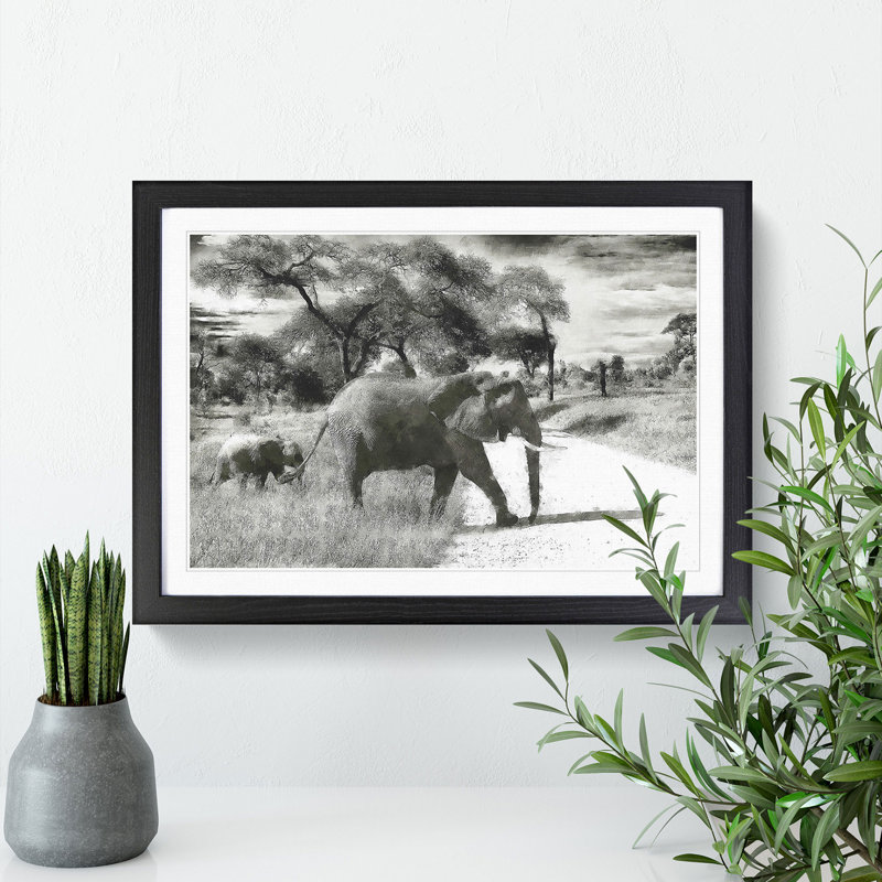 Mother and Baby Elephant Strolling - Picture Frame Photograph Print, Black Framed, 62cm H x 87cm W x 2cm D