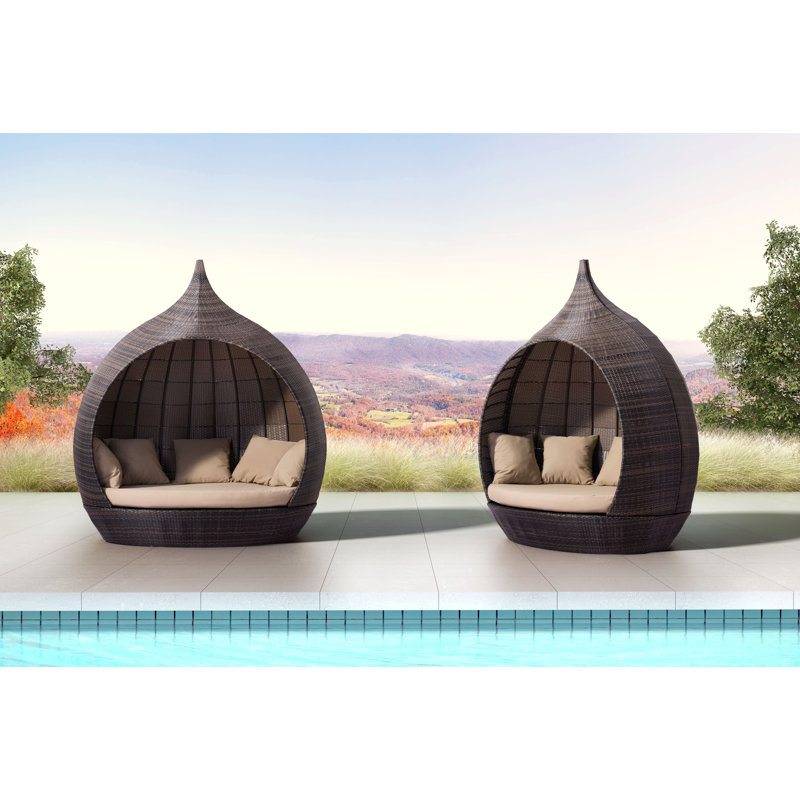 85.4'' Wide Wicker Patio Daybed with Cushions, Brown