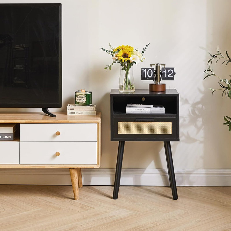 Table de chevet en rotin, table d'appoint avec tablette ouverte