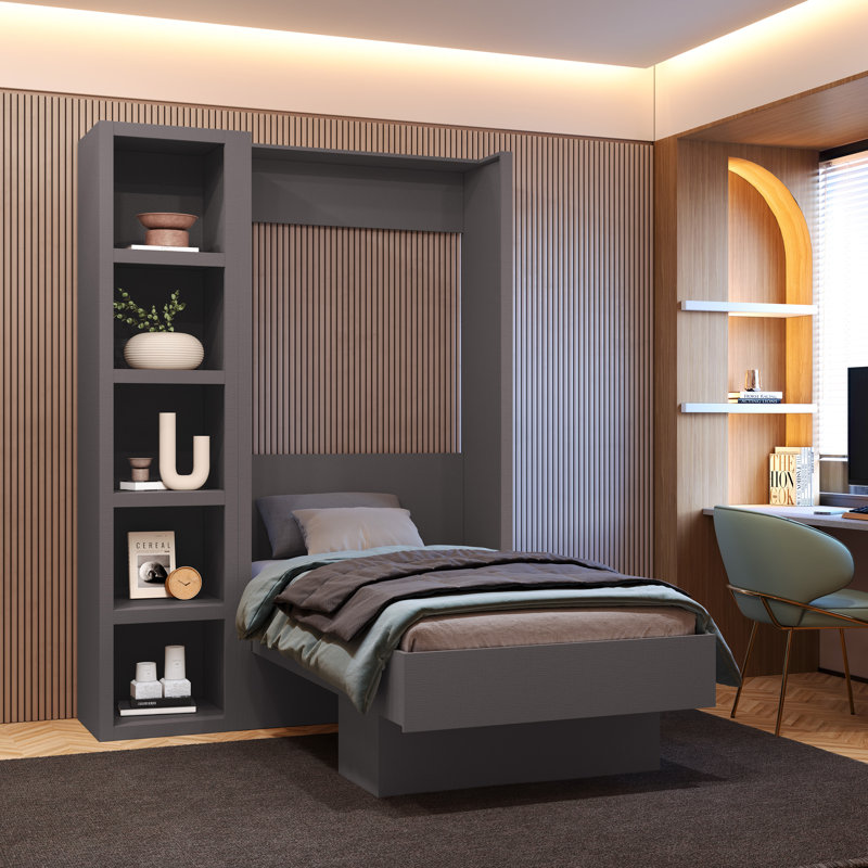 Lit escamotable avec bibliothèque Easy-Lift, Cendré, Lit simple