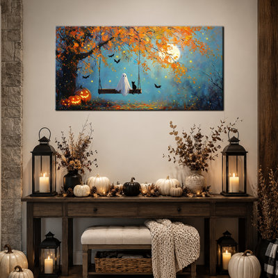 Automne, art mural d'Halloween, images fantômes, peinture d'Halloween, art mural sur toile d'Halloween avec fantôme effrayant et chat, arbre d'automne, style gothique orange pour le salon, le vestibule, la chambre à coucher 16 po x 32 po