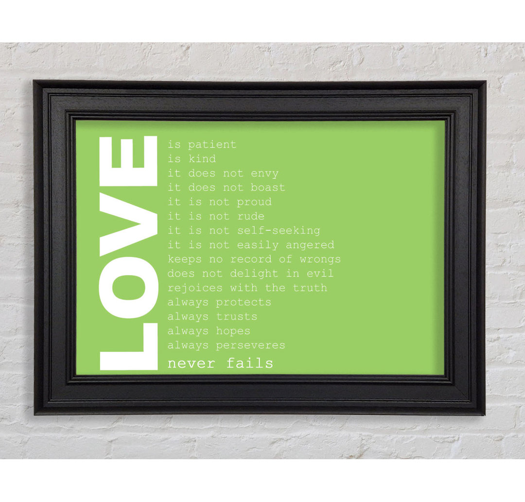 Love Quote Love Never Fails Lime Green - Einzelbildrahmen Kunstdrucke