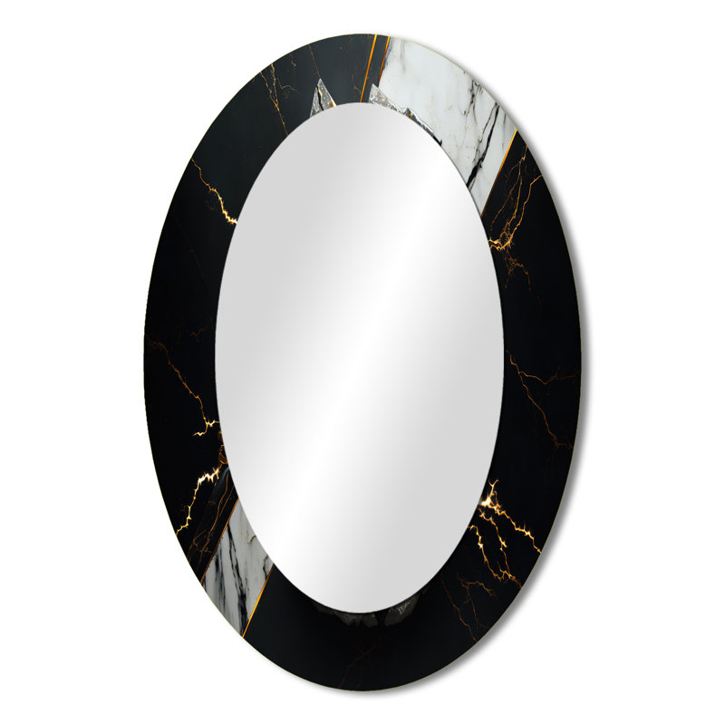 Abstract Geode Black III - Black Modern Oval Wall Mirror, 36" x 24"