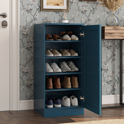 100% Solid Wood Narrow Shoe Storage Cabinet with Shaker Door, Adjustable Shelves, Space Saving Stackable Organizer, 16.5" W x 35.75" H
