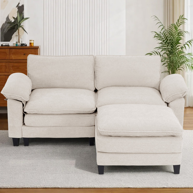 Canapé d'angle rembourré avec 1 repose-pieds, Chenille beige