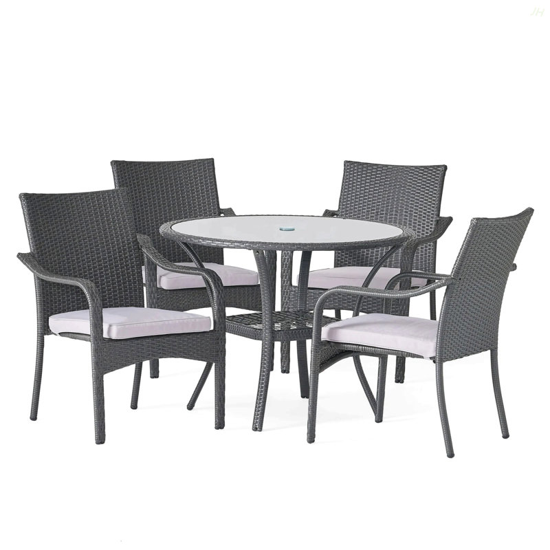 Ensemble de salle à manger d'extérieur en rotin avec 4 chaises, gris