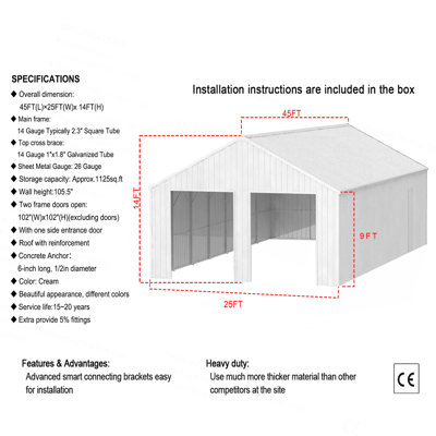 45FT x 25FT Metal Garage Barn Shed – Durable Outdoor Steel Structure  Storage Shed - The customer must have unloading capabilities, such as a forklift or crane