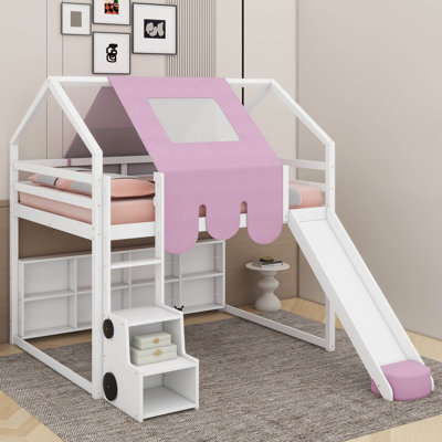 Full Wooden Loft Bed House-Shaped With Tent