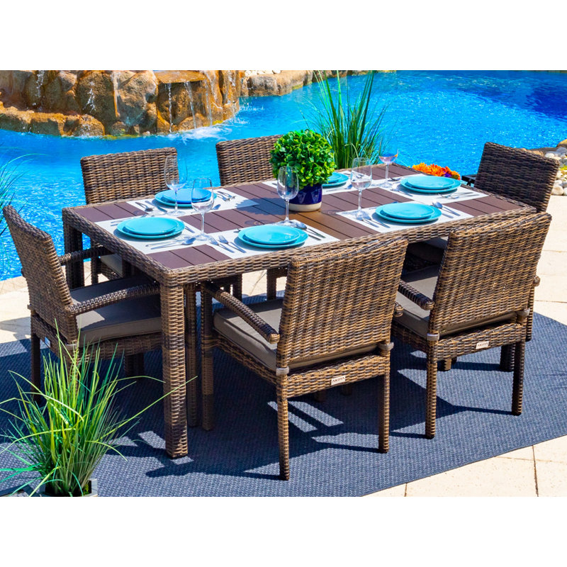 Tuscany Collection In Brown 6 - Person Wicker Patio Dining Set with Rectangular Table , Sunbrella® Cushions Included