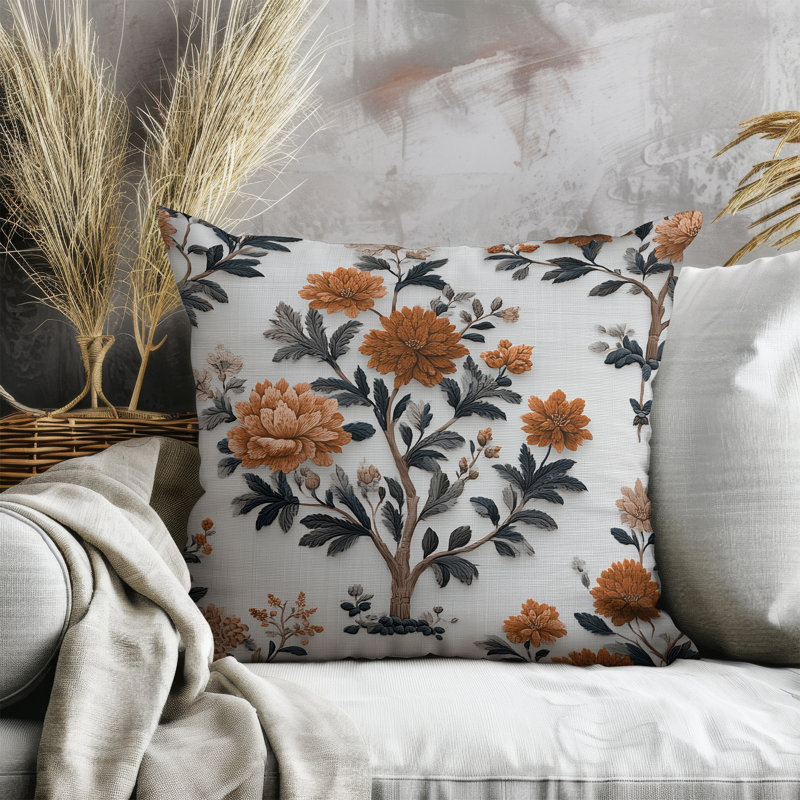 Embroidered Dahlia Trail Indoor/Outdoor 26x26, Square 26", White/Orange