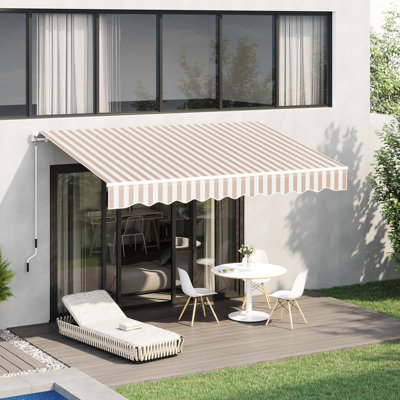 Auvent de patio 10 pi x 8 pi - Réducteur de chaleur et résistance à l'eau, Manivelle manuelle, Cadre en aluminium, Protection pare-soleil à rayures beiges, Fonctionnement à l'eau,