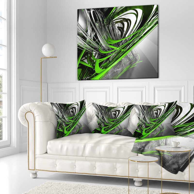 Fractal 3D Green Silver Stripes - coussin imprimé abstrait, 16 po x 1 po, Coussin décoratif