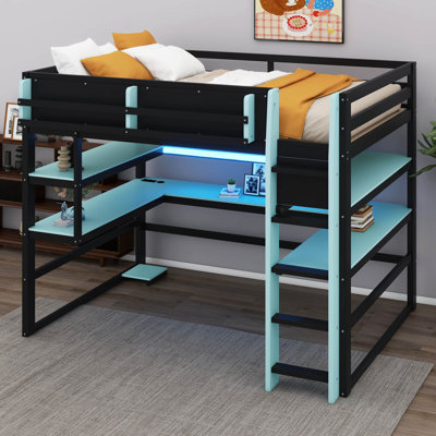 Lit mezzanine double en bois avec bureau, unité de rangement latérale, nombreuses tablettes et éclairage RVB