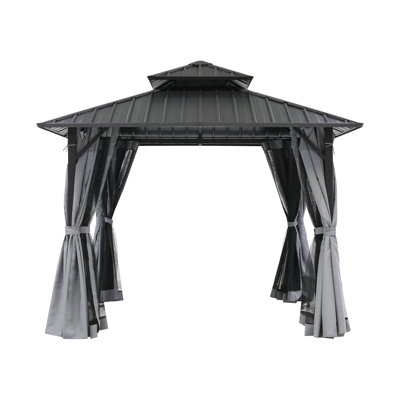 12' x 12' Hardtop Gazebo, Aluminum Frame Patio Hardtop Gazebos with Netting and Curtain, Outdoor Patio Pergola, Outdoor Patio Gazebo with Double Metal Roofs for Lawns, Garden, Deck, Slate Gray