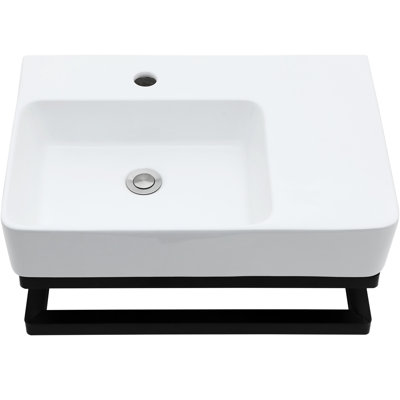 Wall - Mounted Ceramic Bathroom Sink 23.81"x16.5" With Faucet Hole And Black Towel Bar, Low Maintenance Rectangular White Basin Depth Advantage
