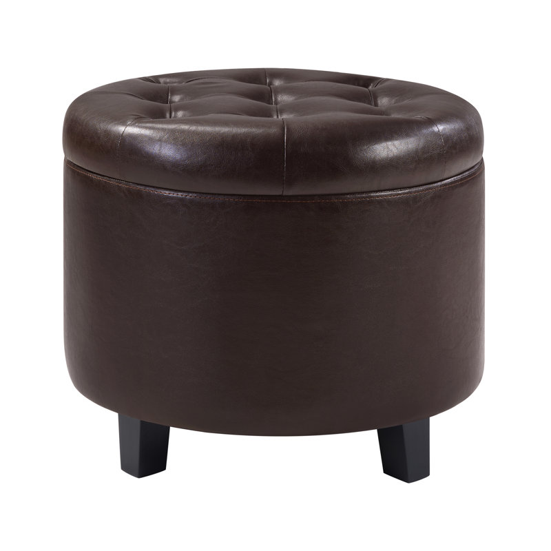 Amable 19.75" W Leather Round Storage Ottoman, Espresso Faux Leather