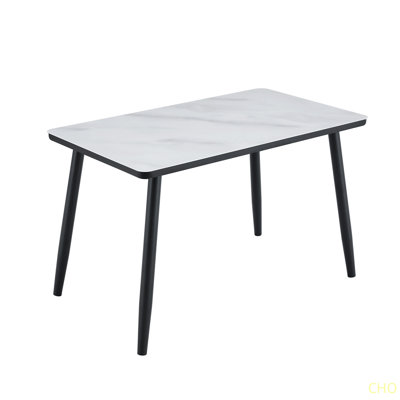 Modern Minimalist Rectangular Dining Table Suitable For 4-6 People Tempered Glass Countertop+Lower MDF Board, Imitation Marble Texture, Metal Tapered Legs Suitable For Minimalist Restaurants