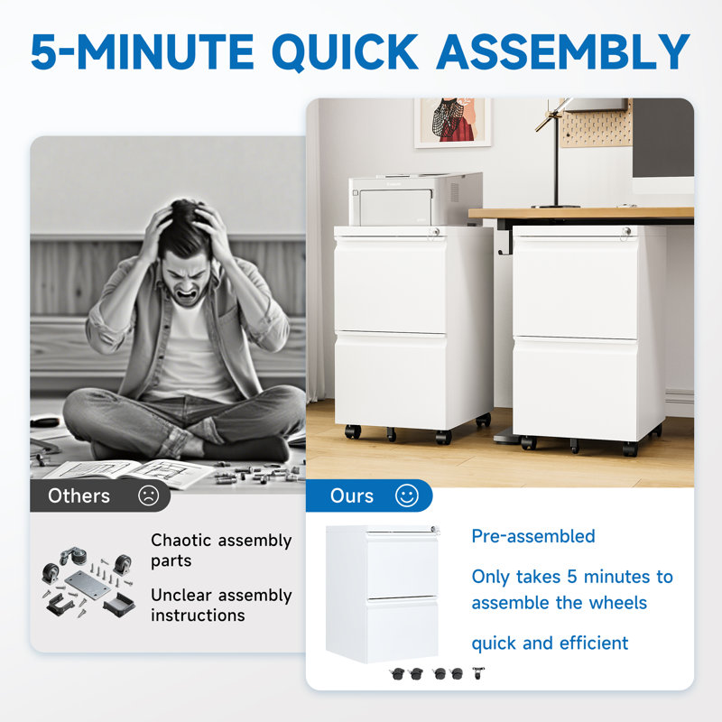 Kristoher 2-Drawer Mobile Vertical Filing Cabinet(Fully Assembled), White (Fully Assembly)