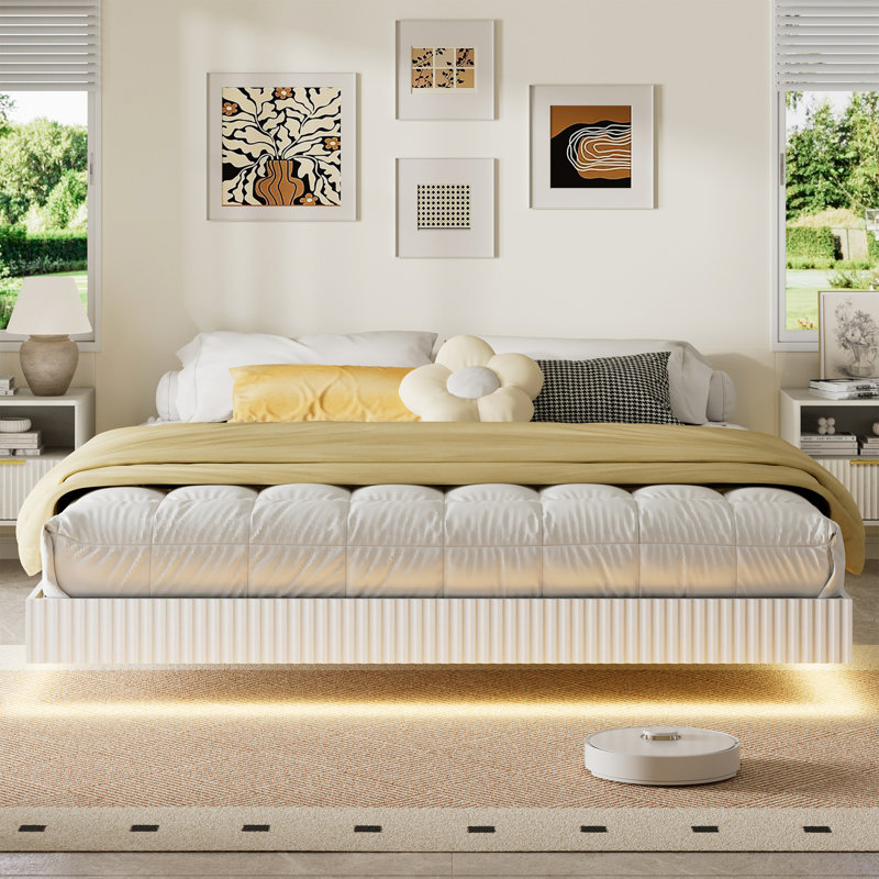 King Floating Bed Frame With LED Lights, Modern Fluted Floating Platform Bed With Heavy Duty Metal Slats, No Headboard, White
