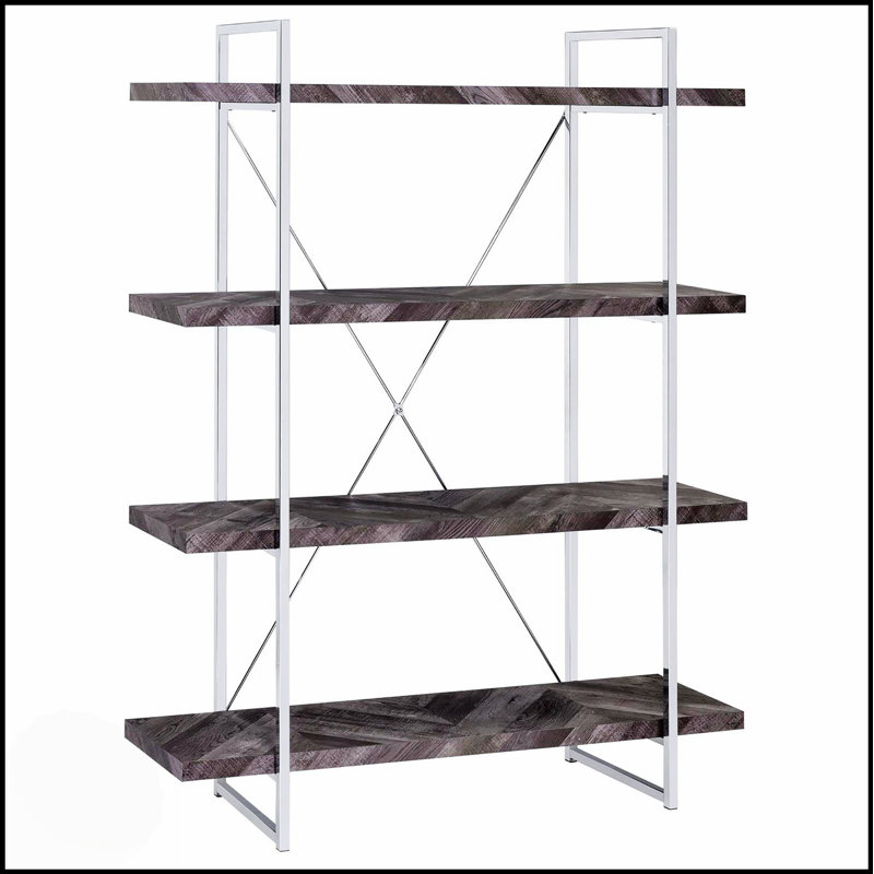 Bibliothèque rustique à chevrons gris avec tablettes pleine longueur pour beaucoup de rangement et de présentation