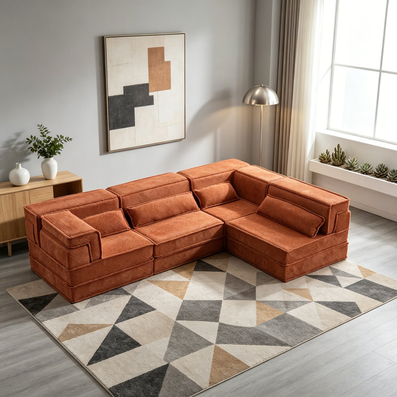 Compression Mahjong Sofa,Convertible Floor Sofa Bed,DIY Boneless Modular Sectional Sofa,No Assembly Required,Circle Fleece Fabric,Oversized 4 Seater With 4 Pillows,Orange