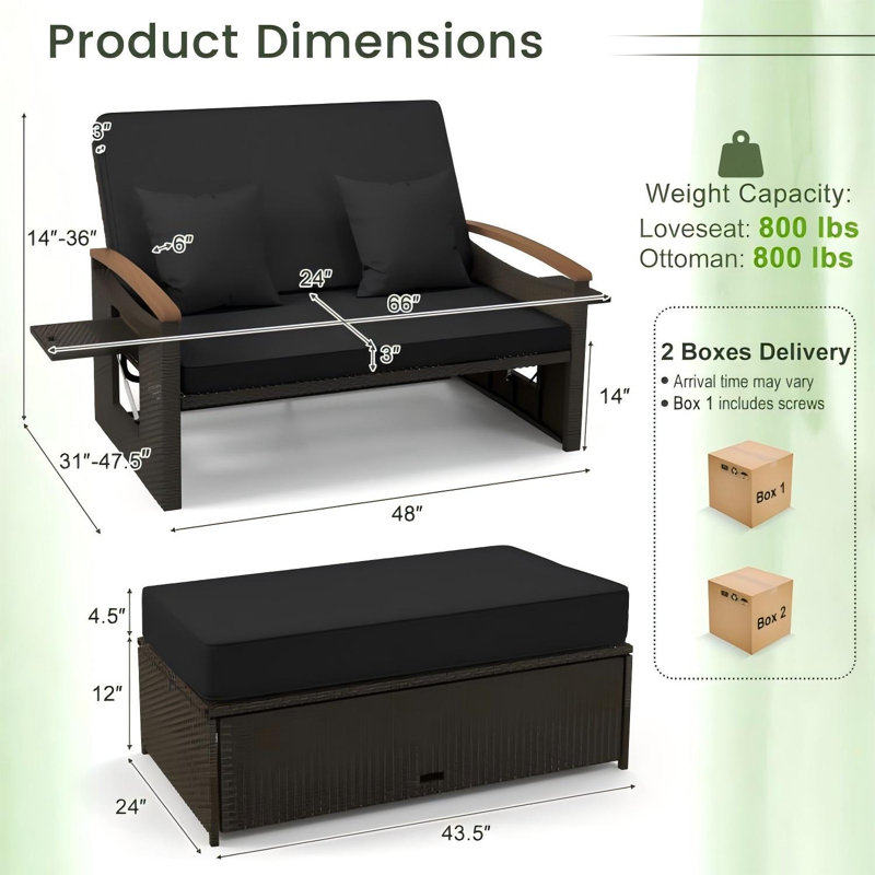 Patio Rattan Daybed Set w/ Cushioned Loveseat & Storage Ottoman, Black