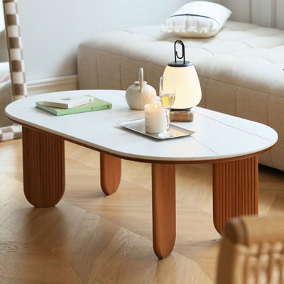 Table basse ovale en bois manufacturé blanc massif