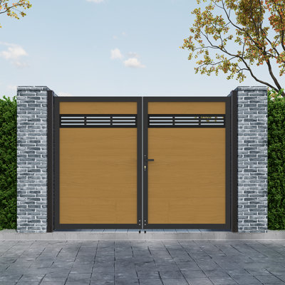 6Ft H*8Ft W Decorative Privacy Fence Gate With Metal Frame And Knob Kits, Wood Plastic Composite Double Gate - Not Including Posts