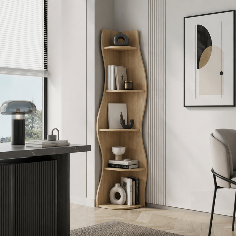 Étagère d'angle à 5 niveaux en forme de S, présentoir courbé autoportant moderne, bibliothèque peu encombrante et support pour plante pour la maison