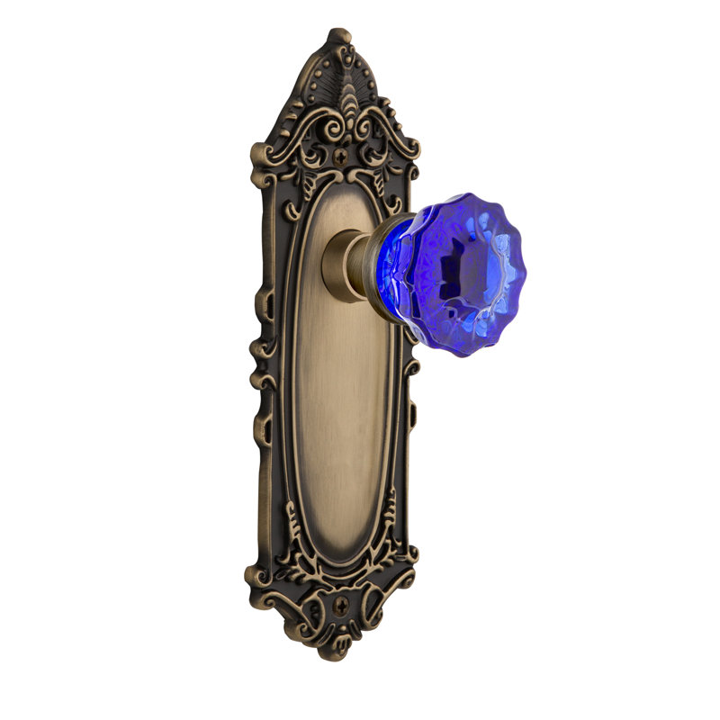 Victorian Plate with Crystal Cobalt Door Knob, Antique Brass, 2 3/8