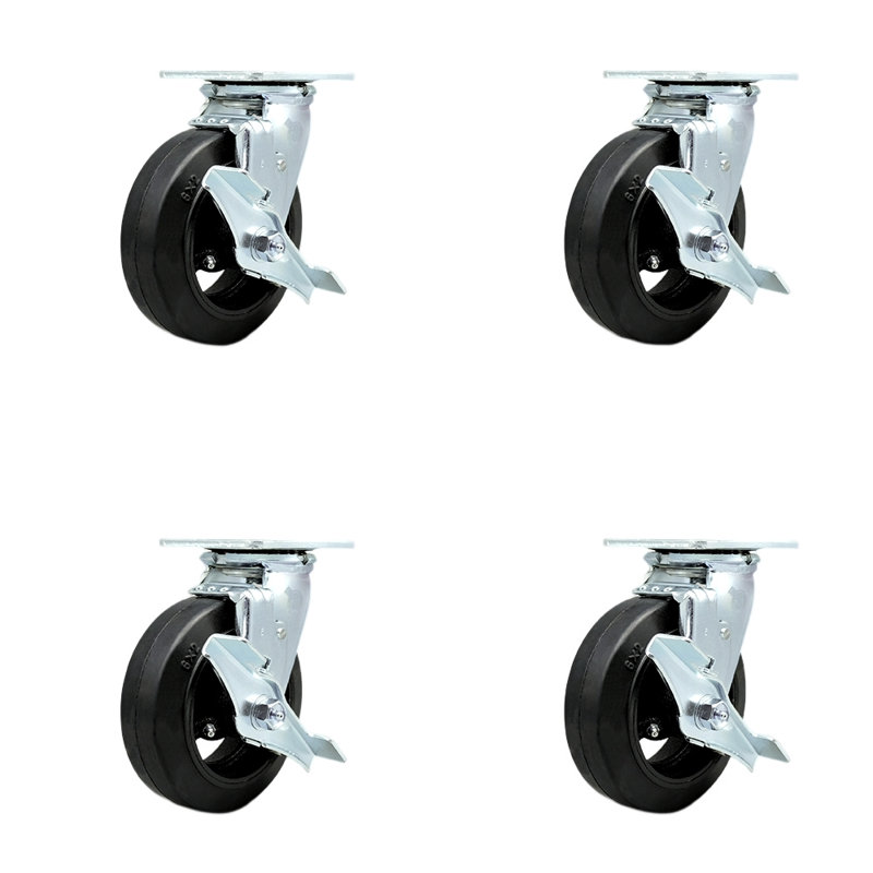 6 Inch Rubber on Steel Swivel Caster Set with Roller Bearings and Brakes SCC|SCC-30CS620R-TLB-4