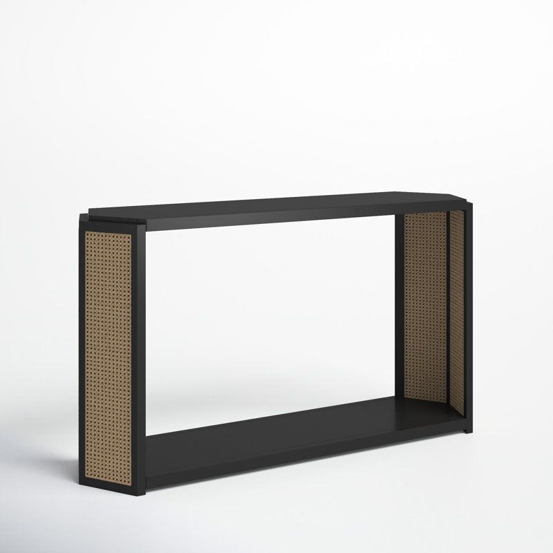 Black Wood Console Table with Woven Rattan Sides