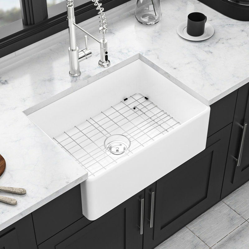 28 - Inch White Single Bowl Kitchen Sink In Ceramic: With Drain Assembly, Bottom Grid, 304 Stainless Steel Dish Basket Strainer, Heat And Chip , Easy To Maintain Featuring Scratch Stain Long Lasting