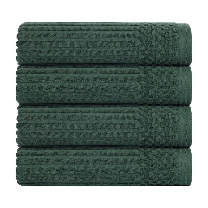 Soho Spa Highly Absorbent Cotton Checkered Border Towel Collection, Bath Towel 4-Pack, Forest Green