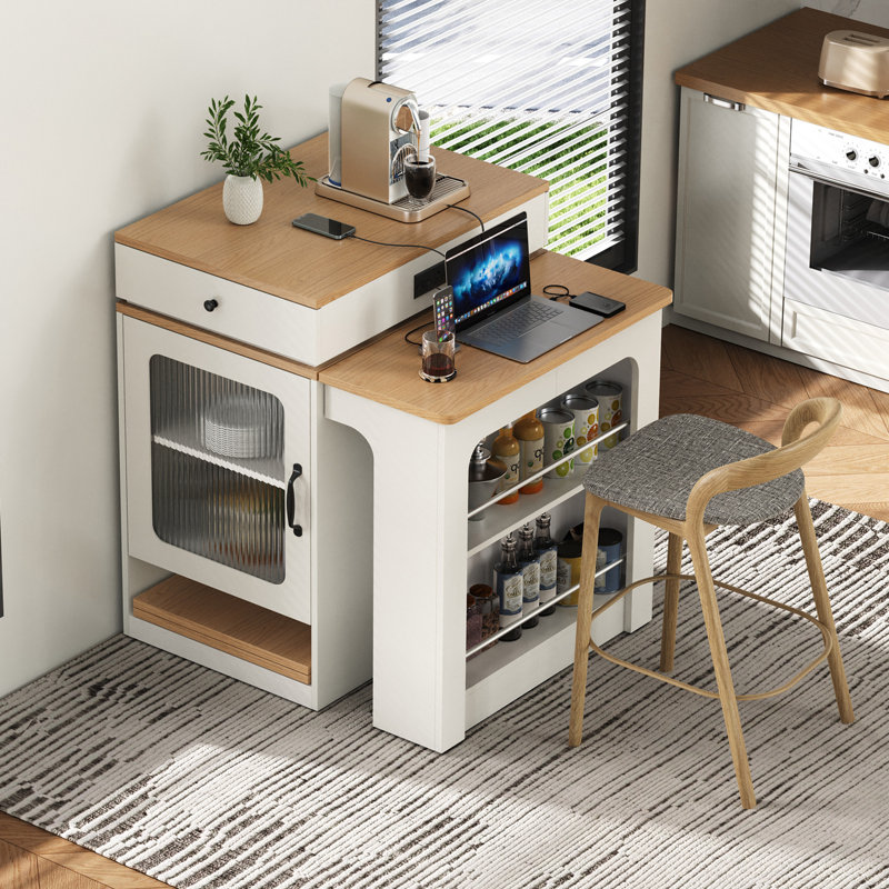 Îlot de cuisine avec table de salle à manger extensible, 2 tiroirs, prise de courant et tablettes latérales ouvertes, Blanc