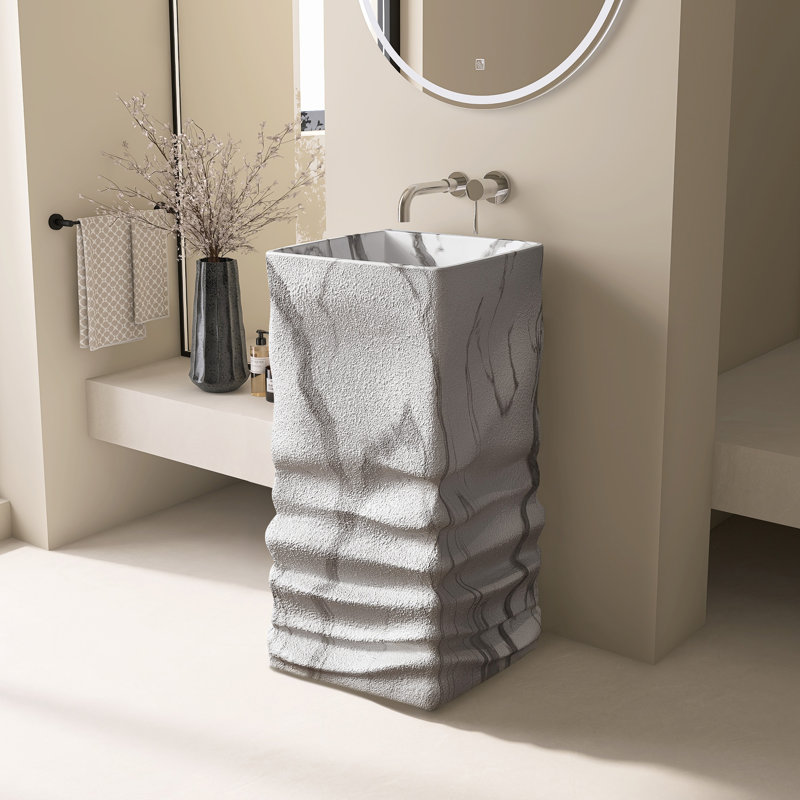 Lavabo de salle de bain sur pied 16 1/2 po à surface solide texturé et autoportant, Marble Textured