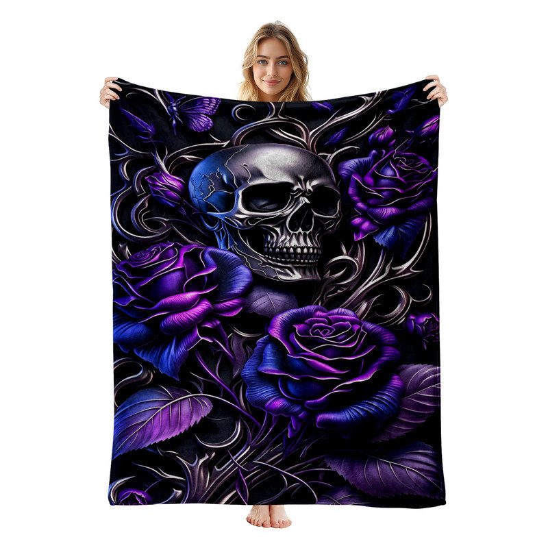 Jeté en flanelle JYK Halloween, Metallic Skull Roses