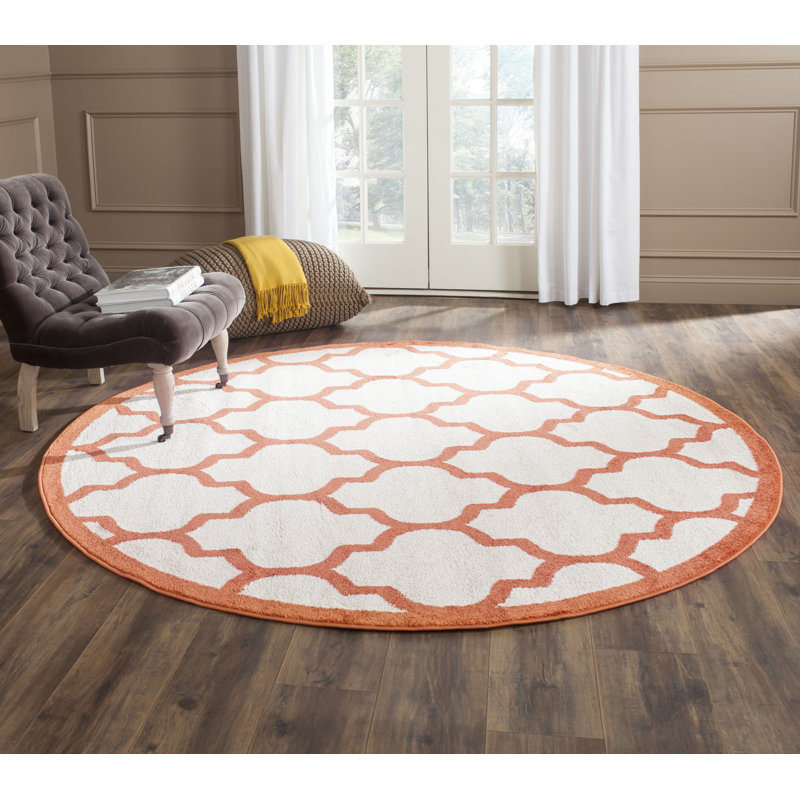 Tapis intérieur / extérieur beige / orange à motif géométrique Ammundsen, Rond 7 pi