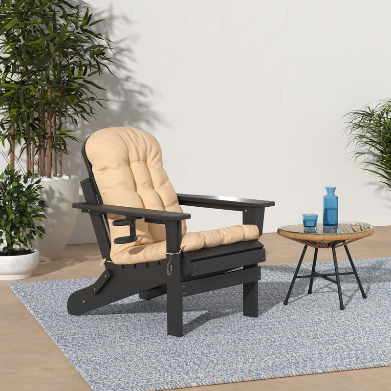 Folding Adirondack Chairs Set Of 2 With Cushion, Hdpe Oversized Patio Chair Weather Resistant, Black