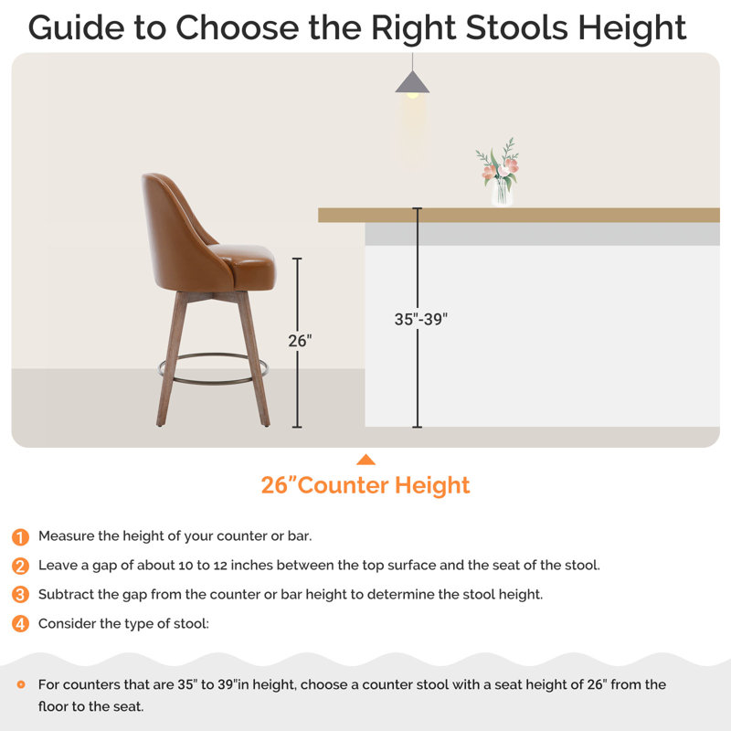 Kiain Swivel 26'' Upholstered Counter Height Bar Stool with Solid Wood legs, Brown
