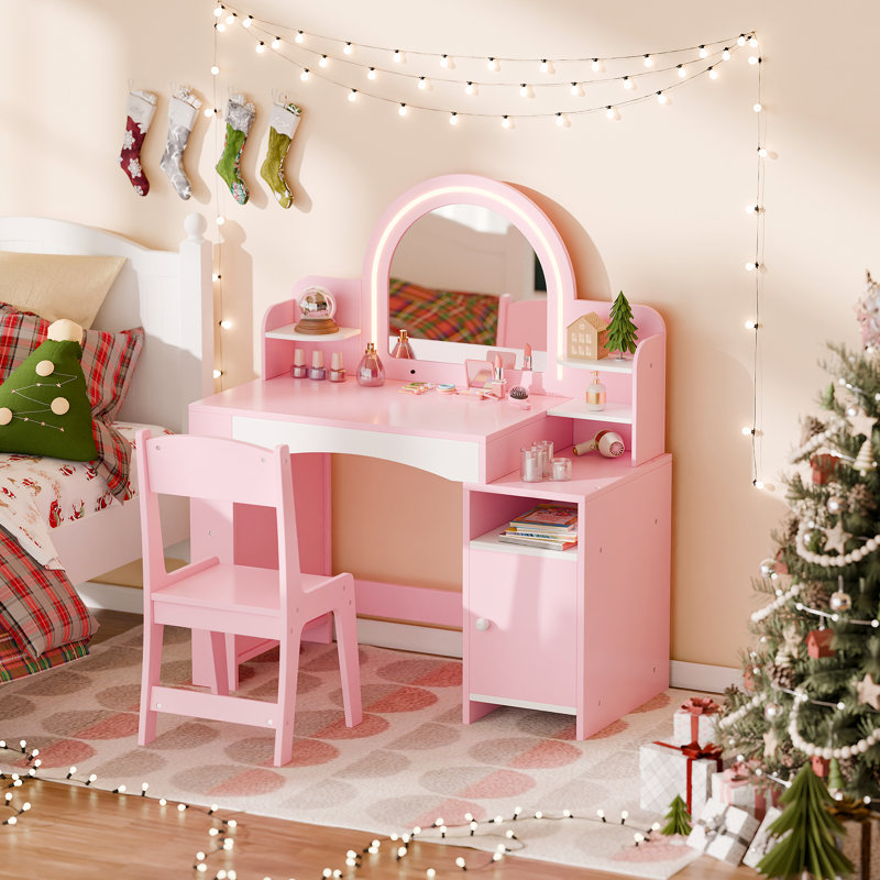 Ensemble de coiffeuse pour enfants 2 en 1 avec miroir et lumières DEL, Rose
