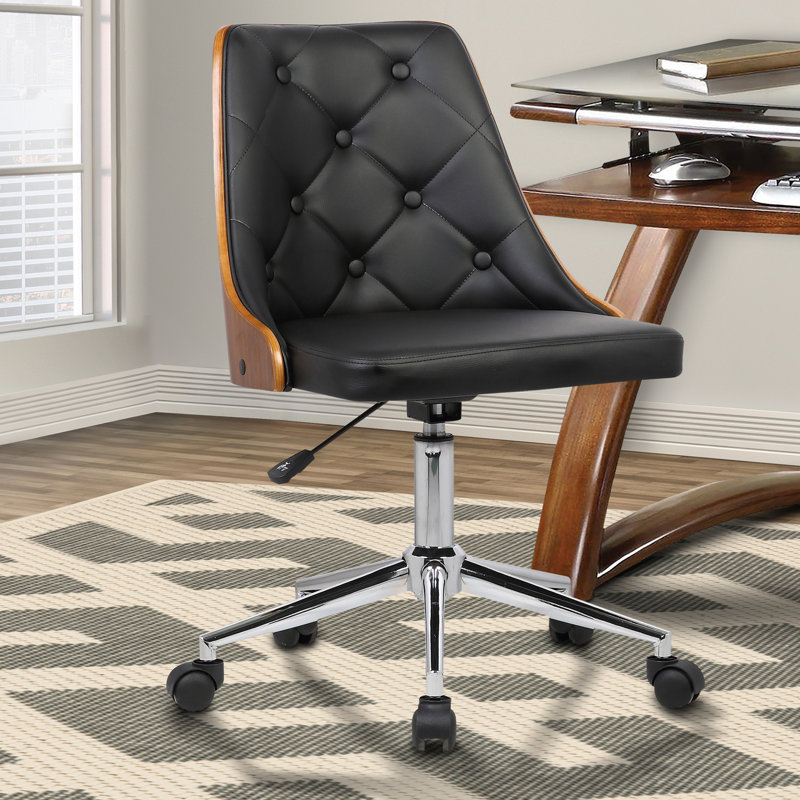 Easthampton Mid-Century Office Chair in Tufted Black Faux Leather, Chrome Finish and Walnut Veneer