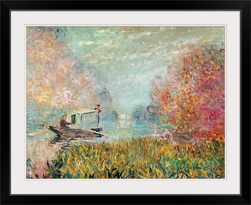 «The Boat Studio on the Seine, 1875» par Claude Monet - reproduction imprimée, H 35 po x l 44 po x P 1 po, Cadre noir