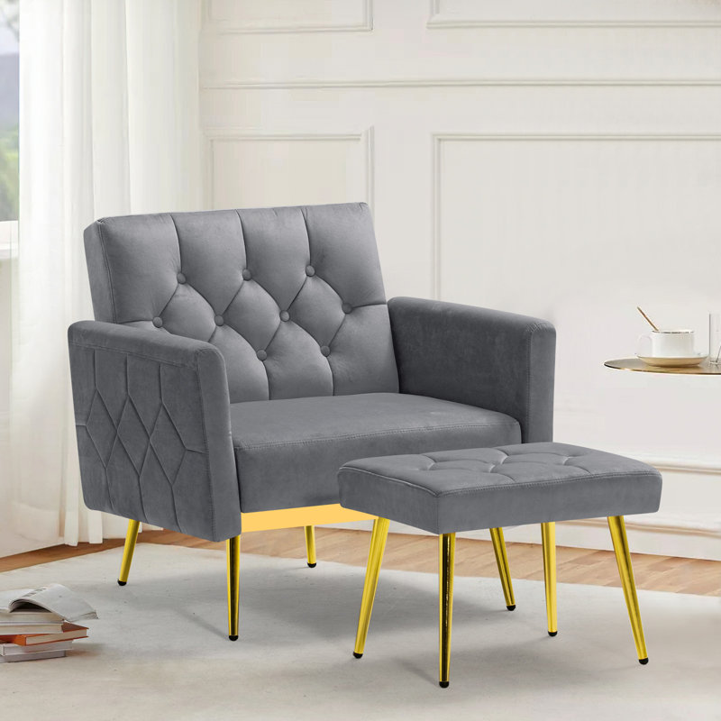 Zianny Velvet Accent Chair with Ottoman, Gray Velvet