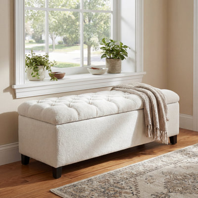 Boucle blanche avec rangement, pieds en bois d'hévéa, support de 300 lb, coutures en losange, charnières douces, surface de rangement idéale pour la maison, capacité, boutons, décoration de chambre à coucher