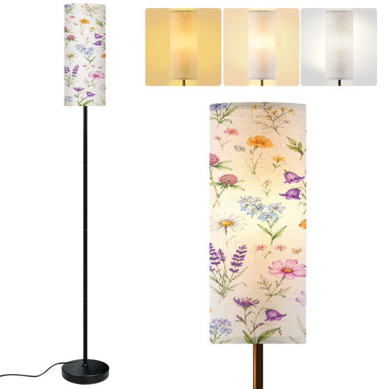  68.5" Standing Floor Lamp Watercolor wild flowers Meadow flowers Flowers herbs seamless Dimmable Metal Pole Lamp with Linen Lampshade LED Bulb Included
